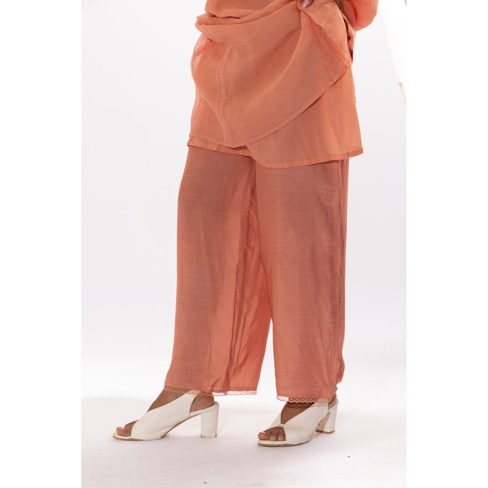 PANTS AND PAJAMAS Peach Printed Chanderi Mull Kurta with Pant & Dupatta (Set of 3)