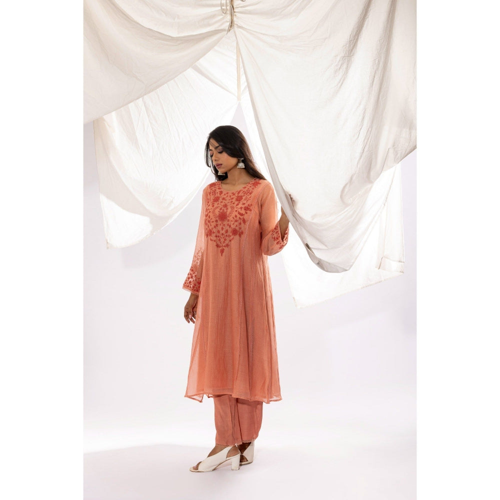PANTS AND PAJAMAS Peach Printed Chanderi Mull Kurta (Set of 2)