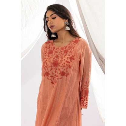 PANTS AND PAJAMAS Peach Printed Chanderi Mull Kurta (Set of 2)