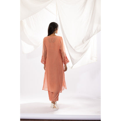 PANTS AND PAJAMAS Peach Printed Chanderi Mull Kurta (Set of 2)
