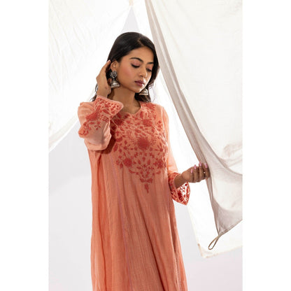 PANTS AND PAJAMAS Peach Printed Chanderi Mull Kurta (Set of 2)