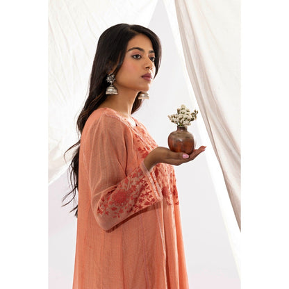 PANTS AND PAJAMAS Peach Printed Chanderi Mull Kurta (Set of 2)