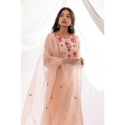 PANTS AND PAJAMAS Pink Printed Chanderi Mull Kurta with Pant & Dupatta (Set of 3)