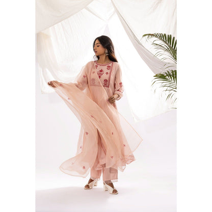 PANTS AND PAJAMAS Pink Printed Chanderi Mull Kurta with Pant & Dupatta (Set of 3)