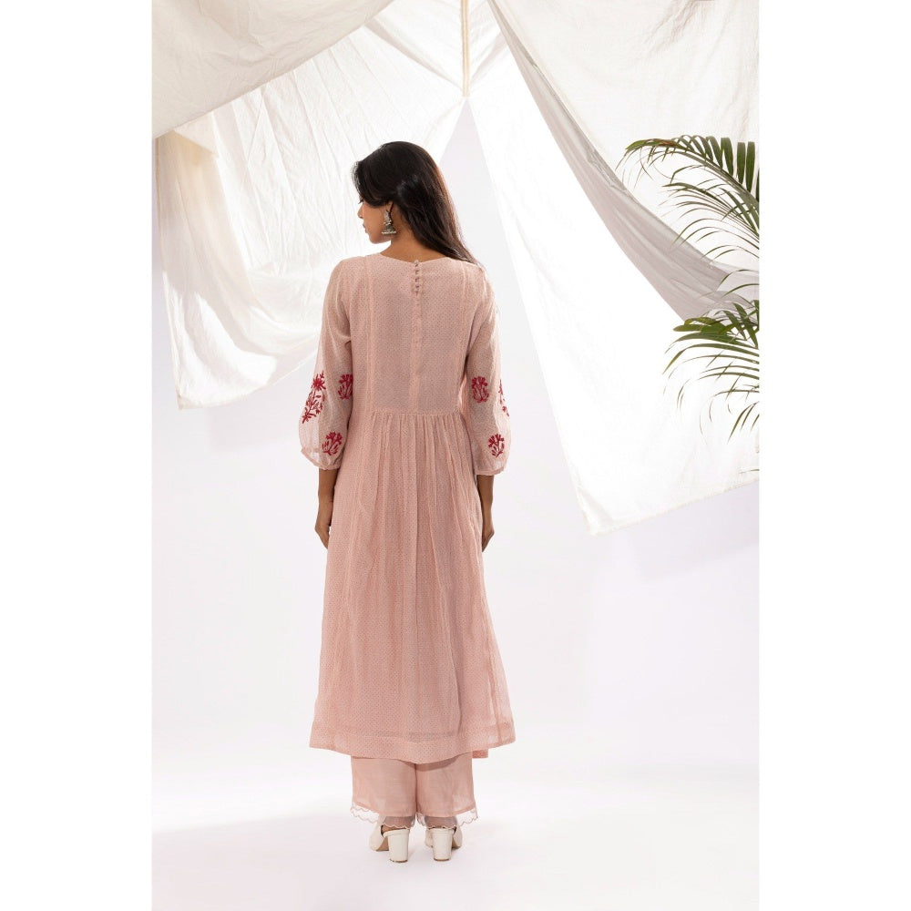 PANTS AND PAJAMAS Pink Printed Chanderi Mull Kurta with Pant & Dupatta (Set of 3)