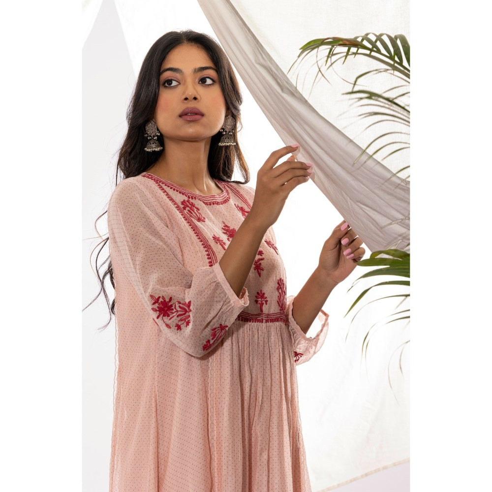 PANTS AND PAJAMAS Pink Printed Chanderi Mull Kurta with Pant (Set of 2)