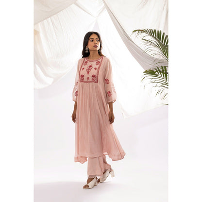 PANTS AND PAJAMAS Pink Printed Chanderi Mull Kurta