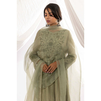 PANTS AND PAJAMAS Sage Chanderi Mull Kurta with Pant & Printed Dupatta (Set of 3)