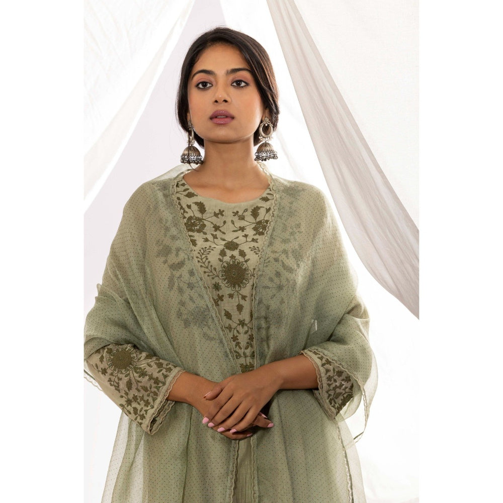 PANTS AND PAJAMAS Sage Chanderi Mull Kurta with Pant & Printed Dupatta (Set of 3)