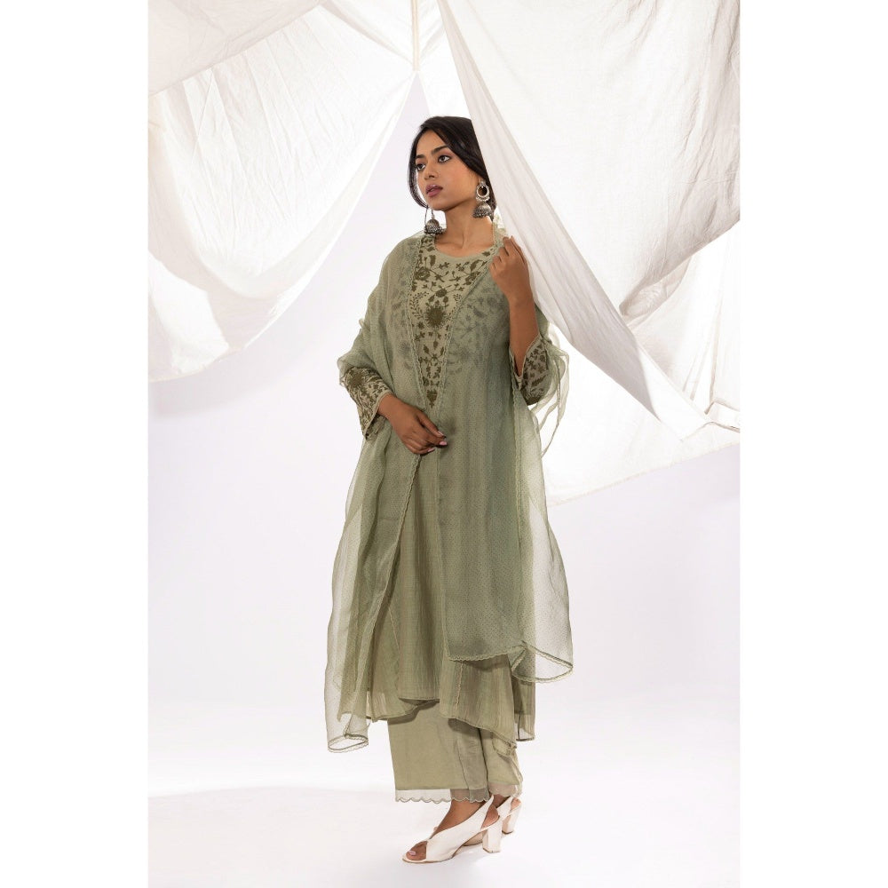 PANTS AND PAJAMAS Sage Chanderi Mull Kurta with Pant & Printed Dupatta (Set of 3)