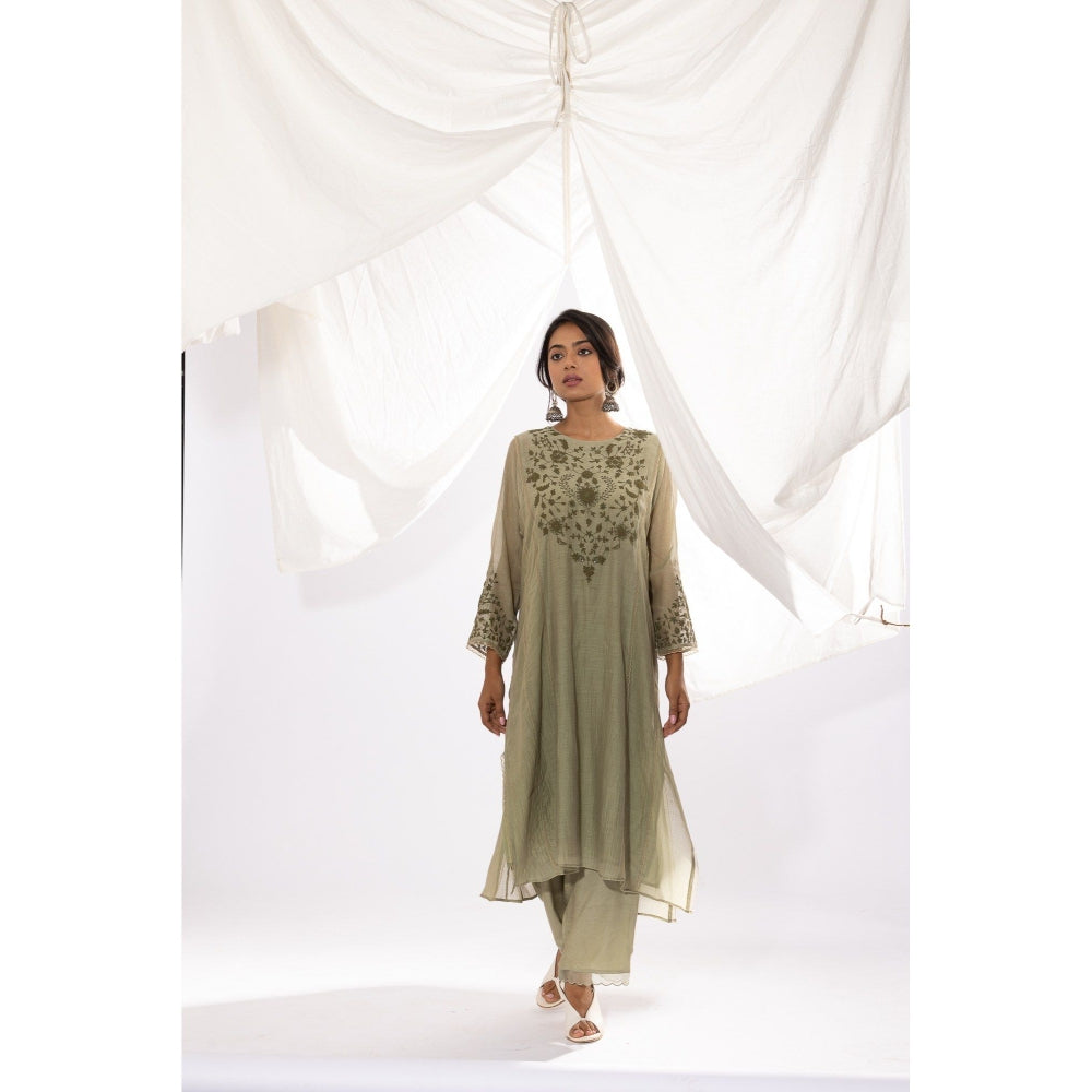 PANTS AND PAJAMAS Sage Chanderi Mull Kurta with Pant & Printed Dupatta (Set of 3)