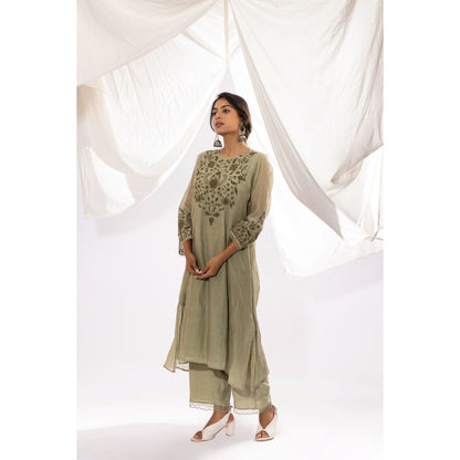 PANTS AND PAJAMAS Sage Chanderi Mull Kurta with Pant (Set of 2)