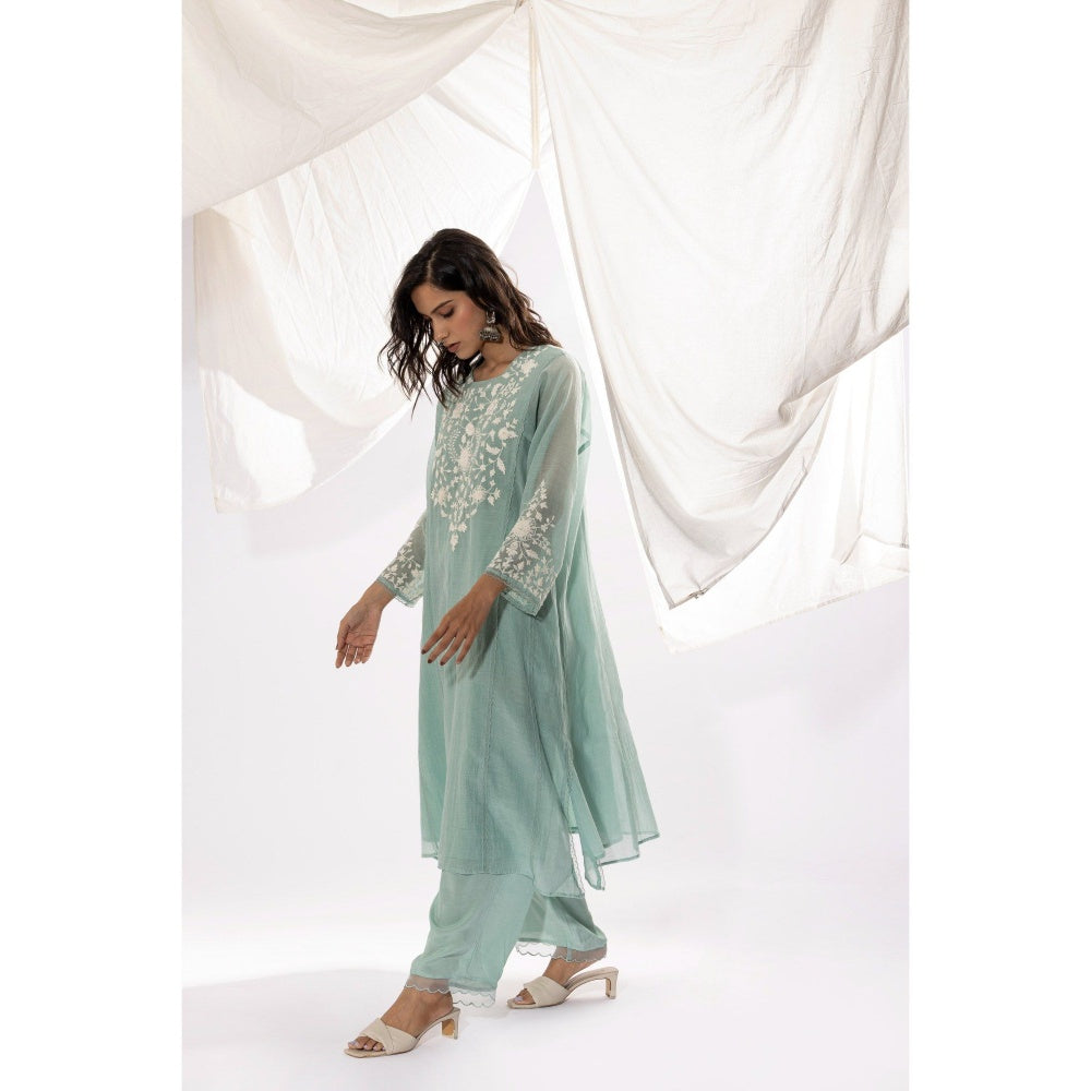 PANTS AND PAJAMAS Aqua Chanderi Mull Kurta, Inner with Pant & Dupatta (Set of 4)