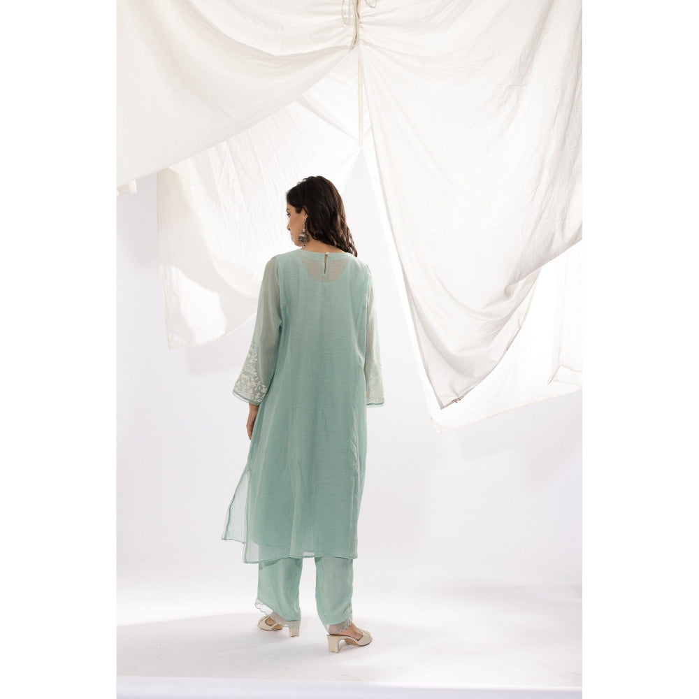 PANTS AND PAJAMAS Aqua Chanderi Mull Kurta, Inner with Pant & Dupatta (Set of 4)