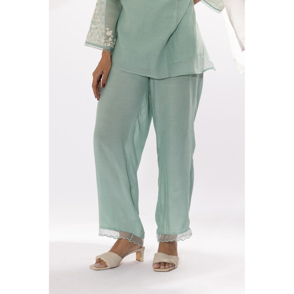 PANTS AND PAJAMAS Aqua Chanderi Mull Kurta, Inner with Pant & Dupatta (Set of 4)