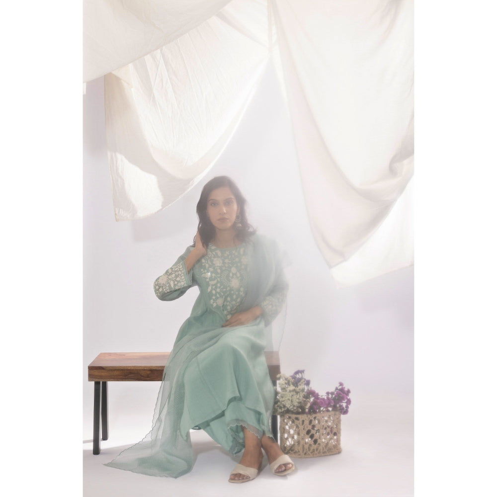 PANTS AND PAJAMAS Aqua Chanderi Mull Kurta, Inner with Pant & Dupatta (Set of 4)