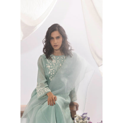 PANTS AND PAJAMAS Aqua Chanderi Mull Kurta, Inner with Pant & Dupatta (Set of 4)