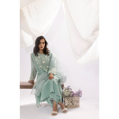 PANTS AND PAJAMAS Aqua Chanderi Mull Kurta, Inner with Pant & Dupatta (Set of 4)