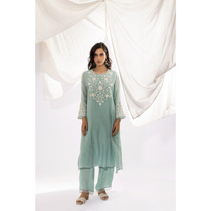 PANTS AND PAJAMAS Aqua Chanderi Mull Kurta with Pant & Dupatta (Set of 3)