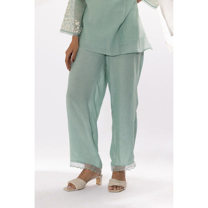 PANTS AND PAJAMAS Aqua Chanderi Mull Kurta with Pant & Dupatta (Set of 3)