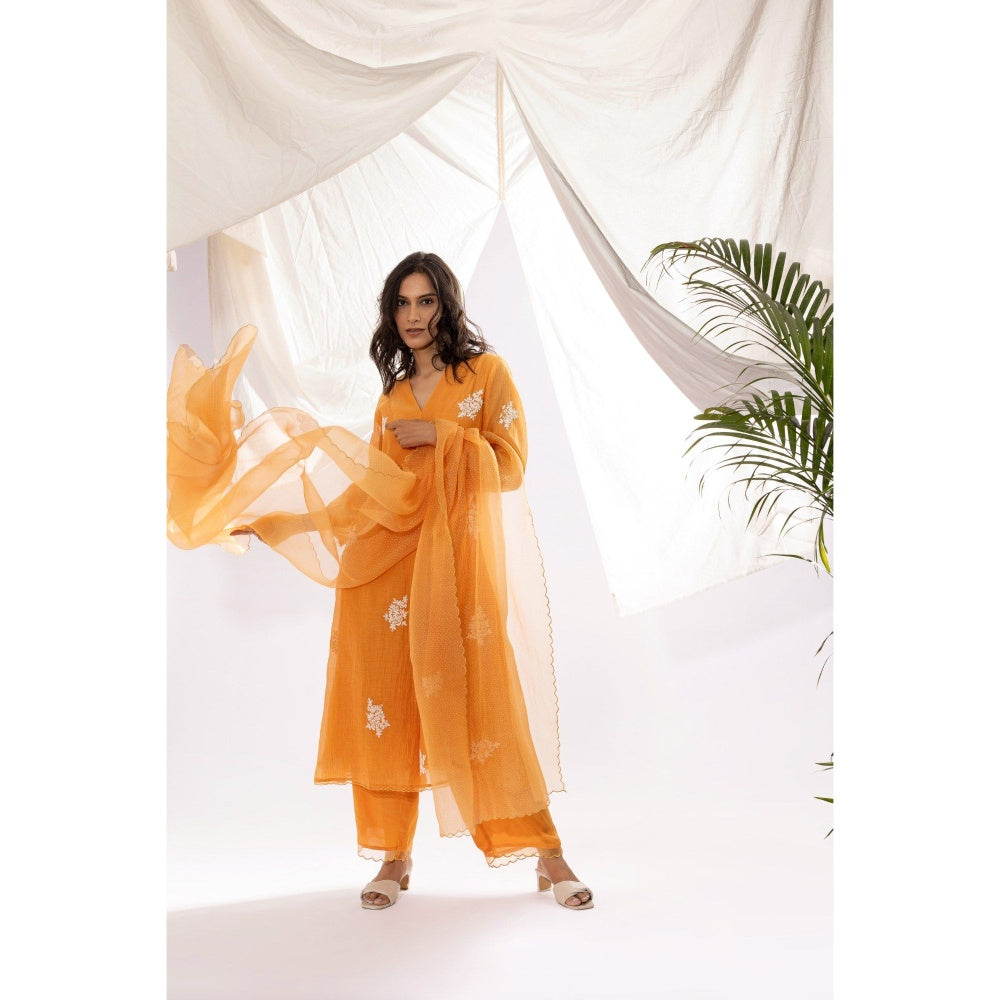 PANTS AND PAJAMAS Orange Chanderi Mull Kurta with Pant & Dupatta (Set of 3)