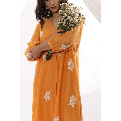 PANTS AND PAJAMAS Orange Chanderi Mull Kurta with Pant & Dupatta (Set of 3)