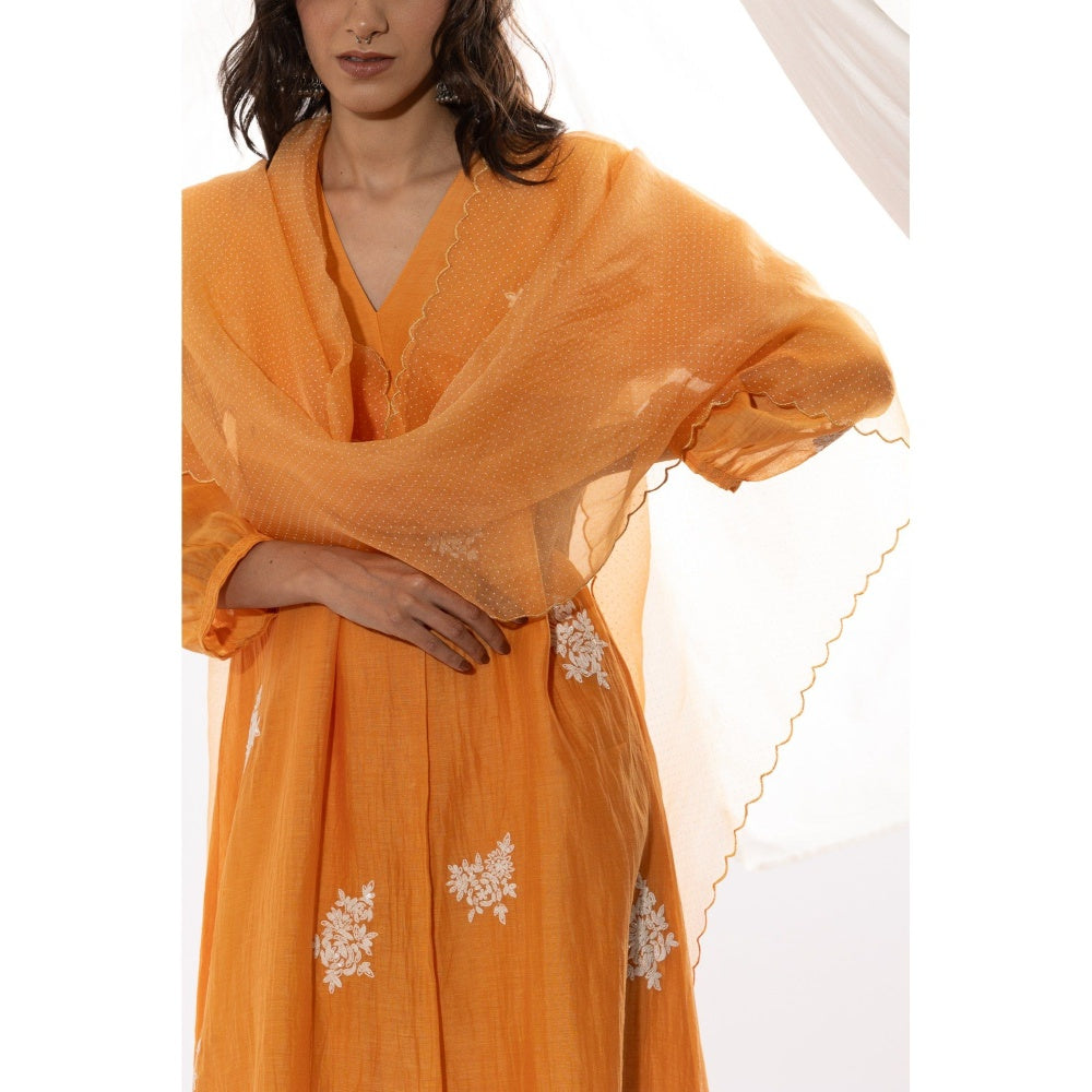 PANTS AND PAJAMAS Orange Chanderi Mull Kurta with Pant & Dupatta (Set of 3)