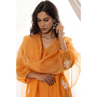 PANTS AND PAJAMAS Orange Chanderi Mull Kurta with Pant & Dupatta (Set of 3)