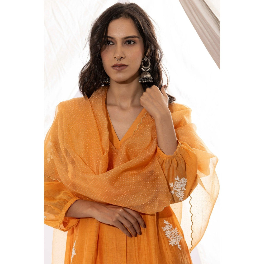 PANTS AND PAJAMAS Orange Chanderi Mull Kurta with Pant & Dupatta (Set of 3)