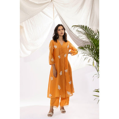 PANTS AND PAJAMAS Orange Chanderi Mull Kurta with Pant (Set of 2)