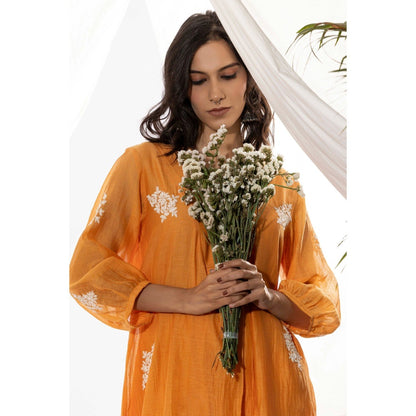 PANTS AND PAJAMAS Orange Chanderi Mull Kurta with Pant (Set of 2)