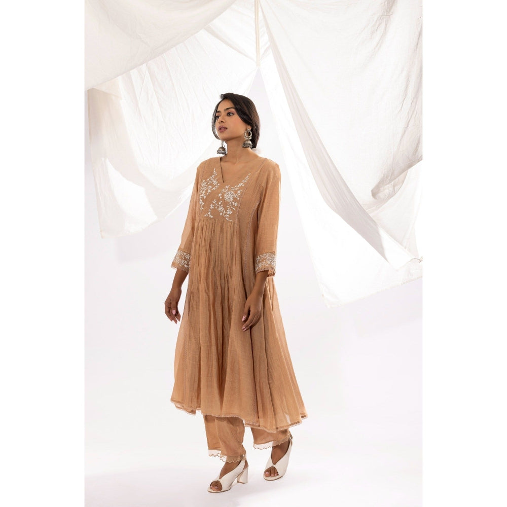 PANTS AND PAJAMAS Beige Chanderi Mull Kurta with Pant & Printed Dupatta (Set of 3)