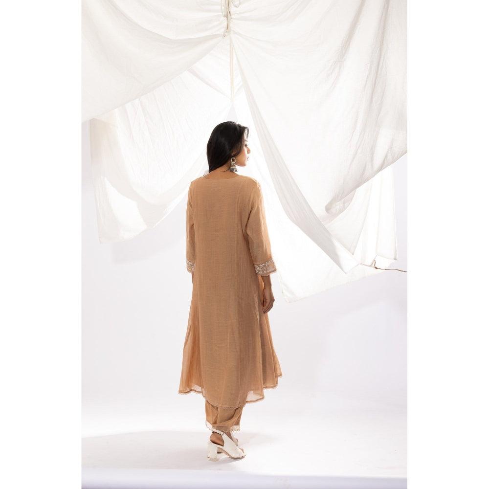 PANTS AND PAJAMAS Beige Chanderi Mull Kurta with Pant & Printed Dupatta (Set of 3)