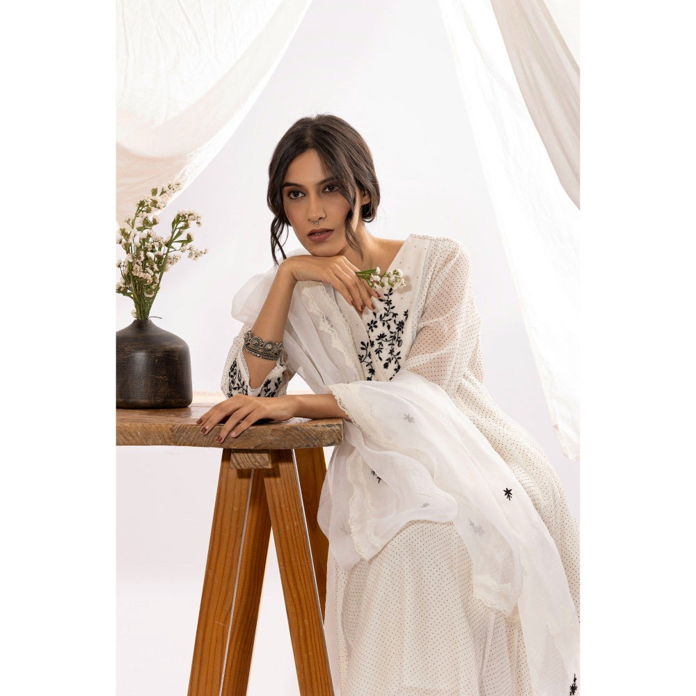 PANTS AND PAJAMAS White Printed Chanderi Mull Chikan Kurta with Pant & Dupatta (Set of 3)