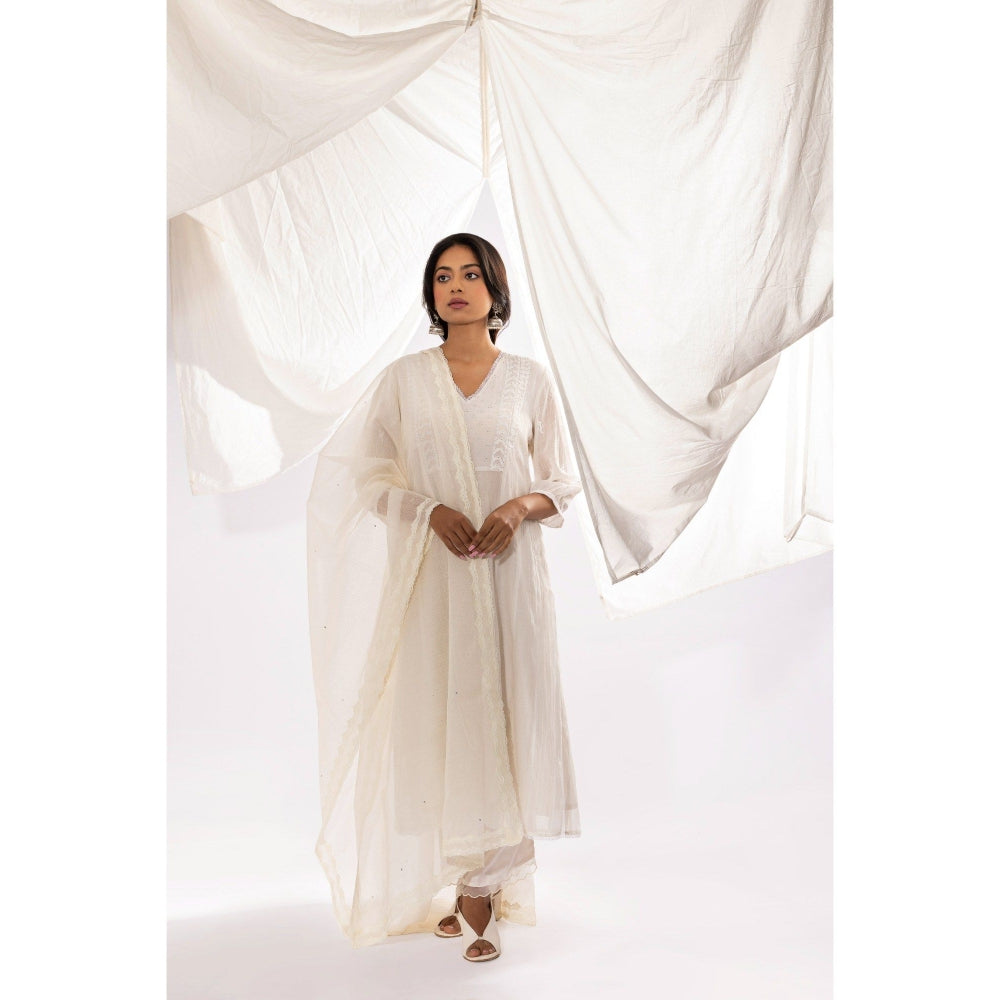 PANTS AND PAJAMAS White Chanderi Mull Chikan Kurta with Pant & Dupatta (Set of 3)