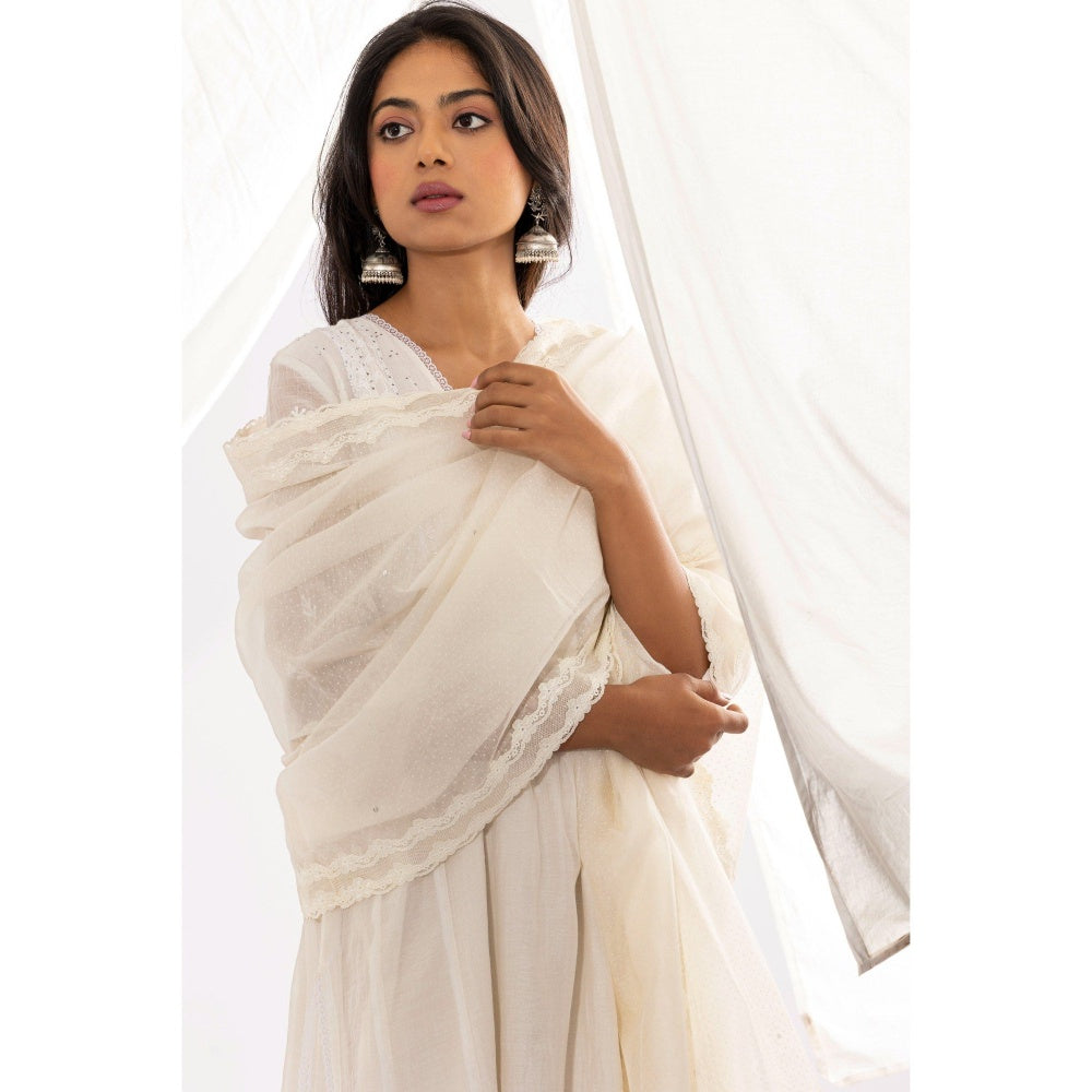 PANTS AND PAJAMAS White Chanderi Mull Chikan Kurta with Pant & Dupatta (Set of 3)