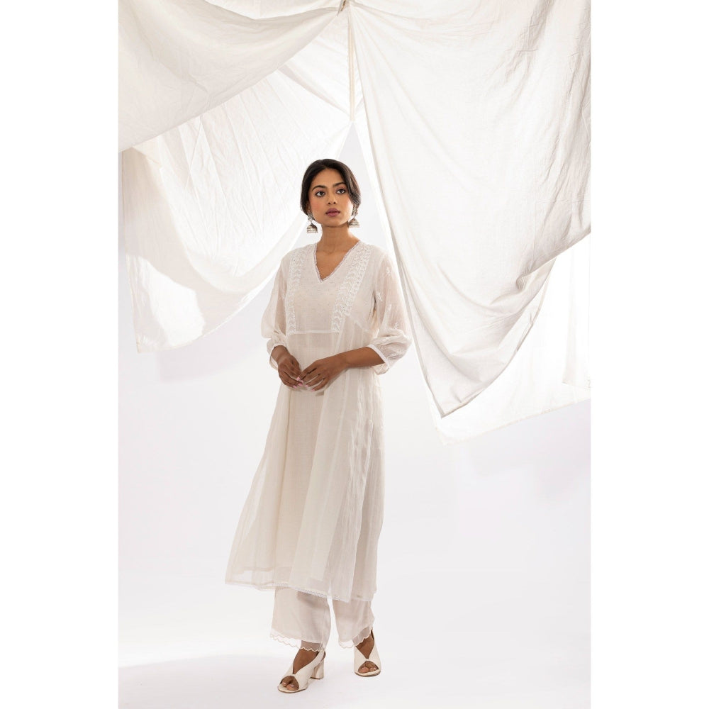 PANTS AND PAJAMAS White Chanderi Mull Chikan Kurta with Pant & Dupatta (Set of 3)