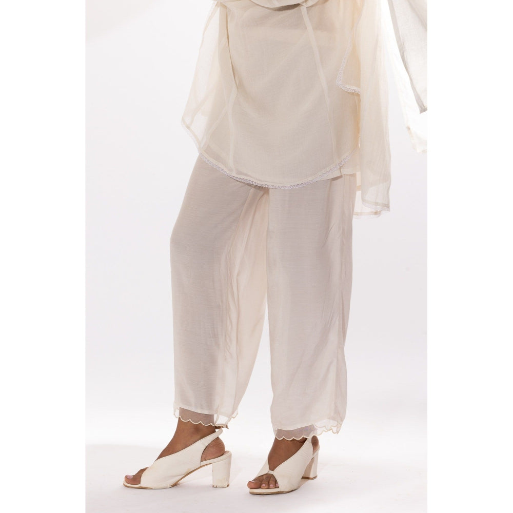 PANTS AND PAJAMAS White Chanderi Mull Chikan Kurta with Pant & Dupatta (Set of 3)
