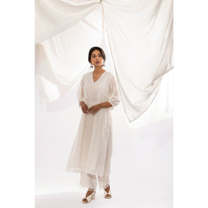 PANTS AND PAJAMAS White Printed Chanderi Mull Kurta with Pant (Set of 2)