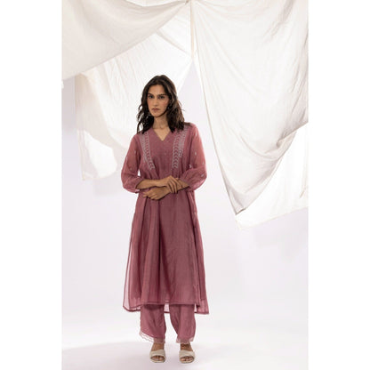 PANTS AND PAJAMAS Mauve Chanderi Mull Chikan Kurta with Pant & Dupatta (Set of 3)