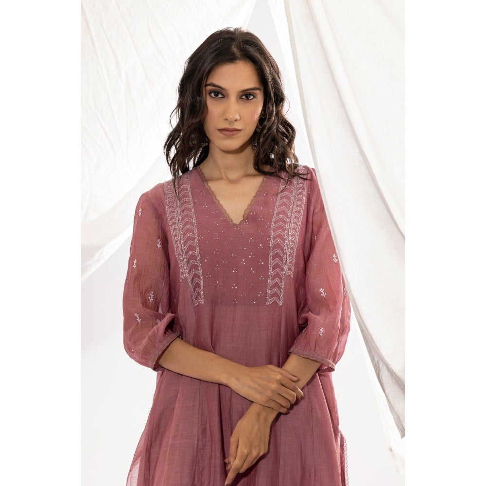 PANTS AND PAJAMAS Mauve Chanderi Mull Chikan Kurta with Pant & Dupatta (Set of 3)