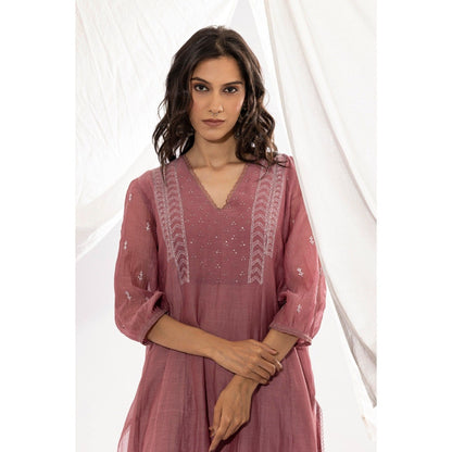 PANTS AND PAJAMAS Mauve Chanderi Mull Chikan Kurta with Pant & Dupatta (Set of 3)