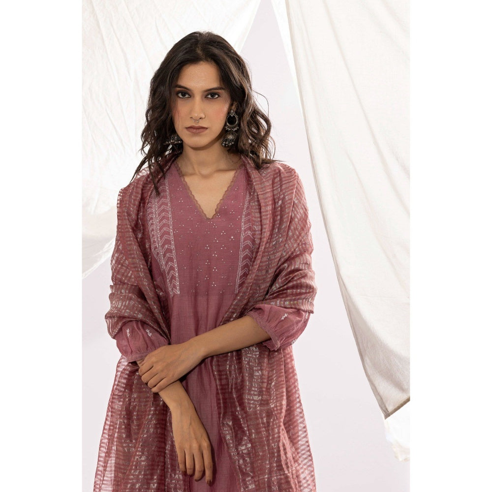 PANTS AND PAJAMAS Mauve Chanderi Mull Chikan Kurta with Pant & Dupatta (Set of 3)