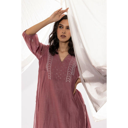 PANTS AND PAJAMAS Mauve Chanderi Mull Chikan Kurta with Pant & Dupatta (Set of 3)