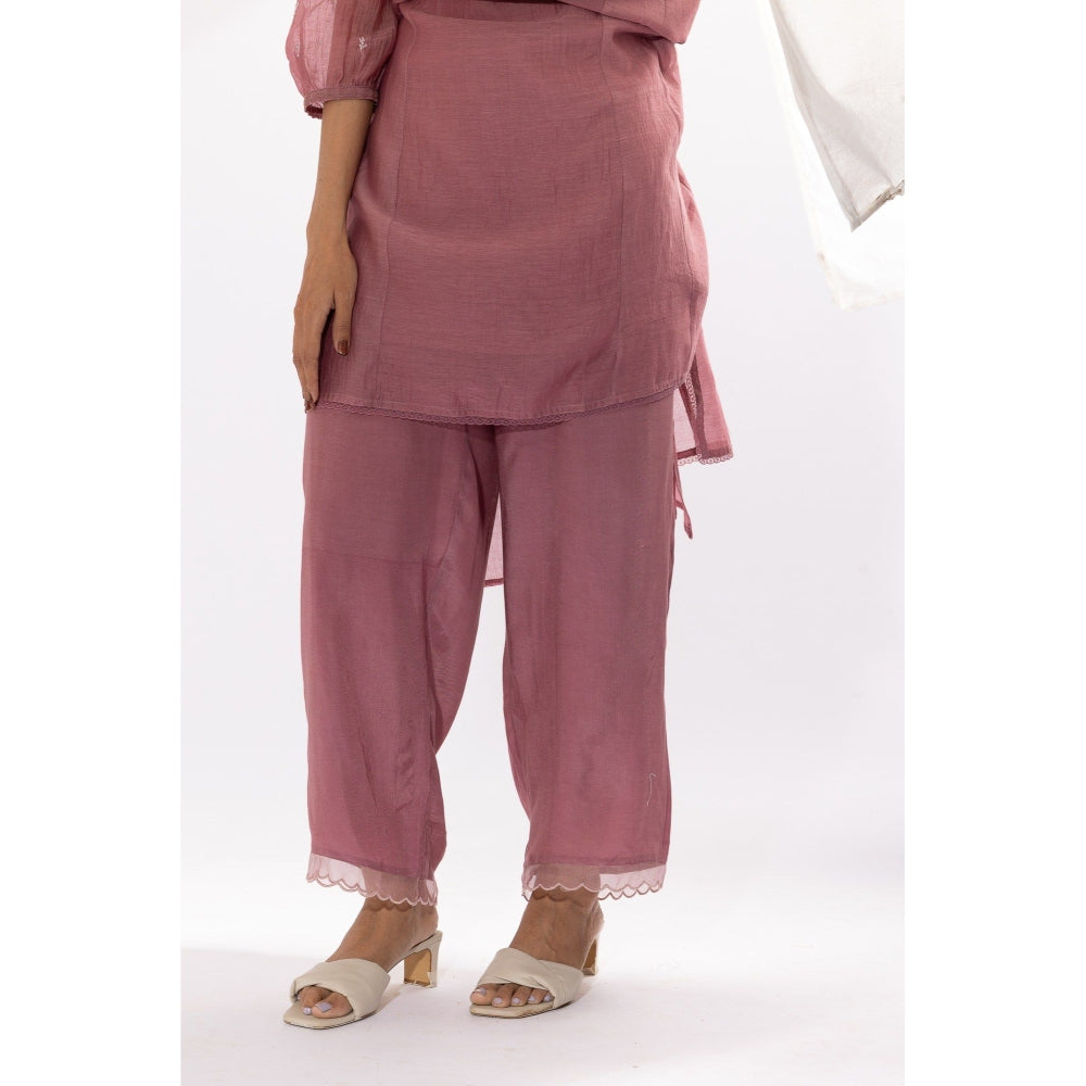 PANTS AND PAJAMAS Mauve Chanderi Mull Chikan Kurta with Pant (Set of 2)