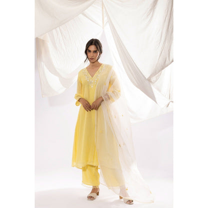 PANTS AND PAJAMAS Light Yellow Chanderi Mull Chikan Kurta with Pant & Dupatta (Set of 3)