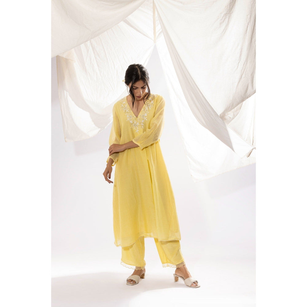 PANTS AND PAJAMAS Light Yellow Chanderi Mull Chikan Kurta with Pant & Dupatta (Set of 3)