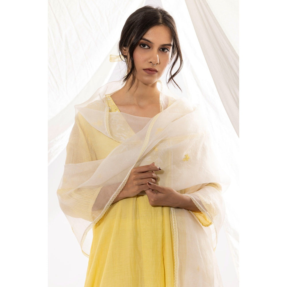 PANTS AND PAJAMAS Light Yellow Chanderi Mull Chikan Kurta with Pant & Dupatta (Set of 3)