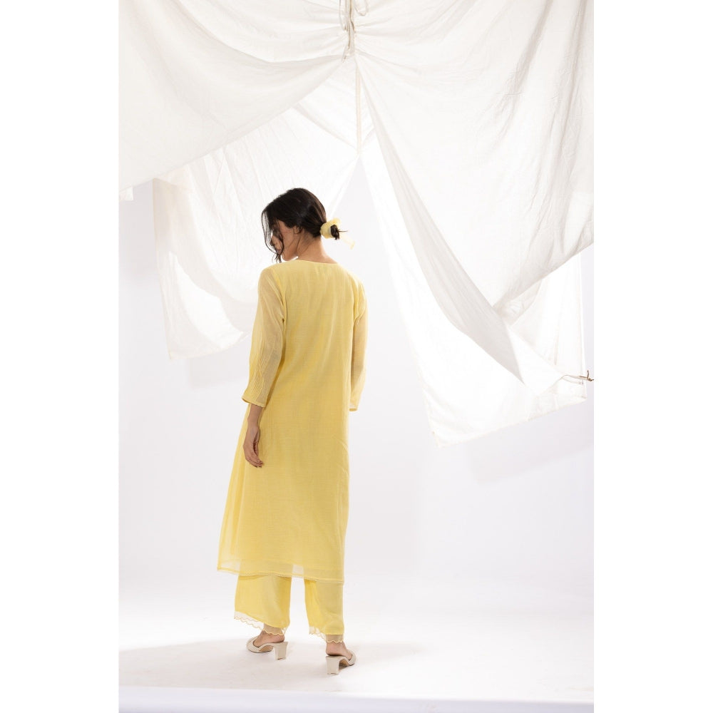 PANTS AND PAJAMAS Light Yellow Chanderi Mull Chikan Kurta with Pant (Set of 2)