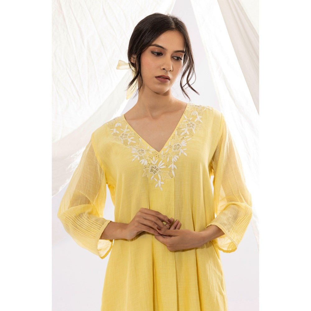 PANTS AND PAJAMAS Light Yellow Chanderi Mull Chikan Kurta with Pant (Set of 2)
